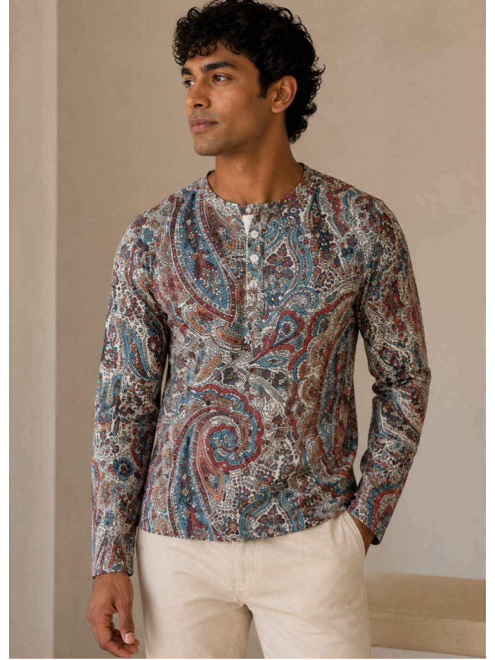 Men's Ouku Paisley Print Long Sleeve Shirt Red/Blue/White Size L Summer